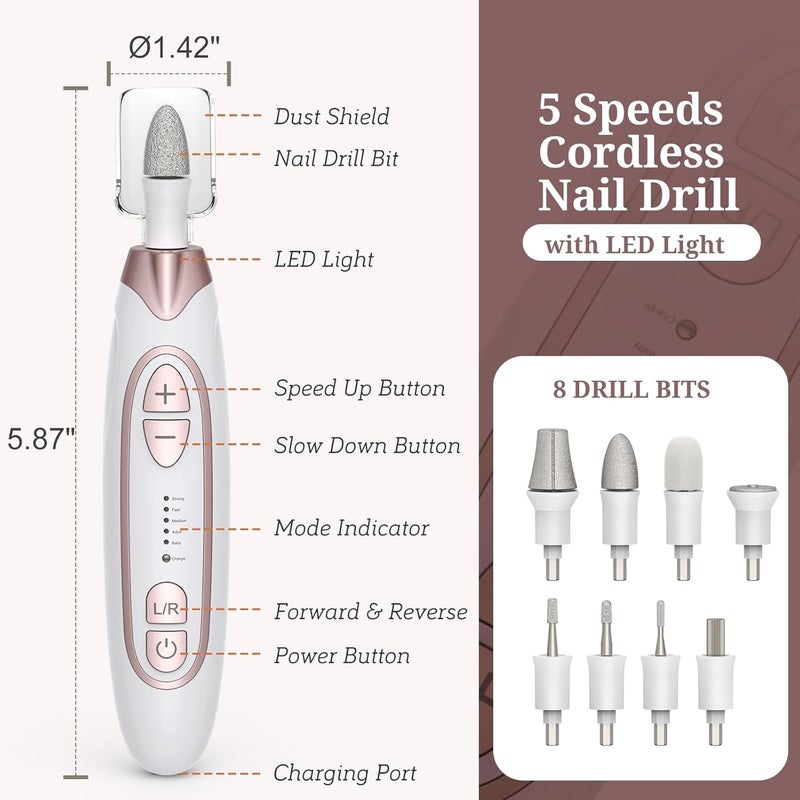 PELCAS Electric Nail File, 5 Speeds Nail Grinder for Thick Toenails, Cordless Nail Drill, Manicure and Pedicure Kit with LED Light, Toenail Grinder for Human, Thick Toenails, Natural & Acrylic Nails - Image 5